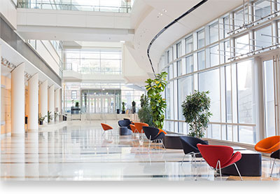 clean windows and floors in a modern building lobby