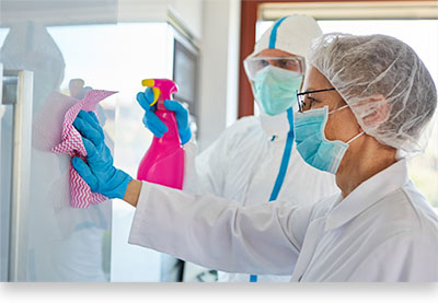 covid cleaning professionals, wearing protective clothing and masks while sanitizing walls