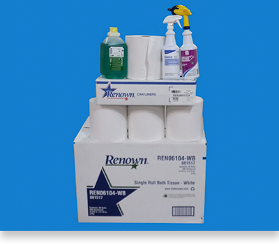 Cleaning spray bottles, paper towels and toilet paper supplies